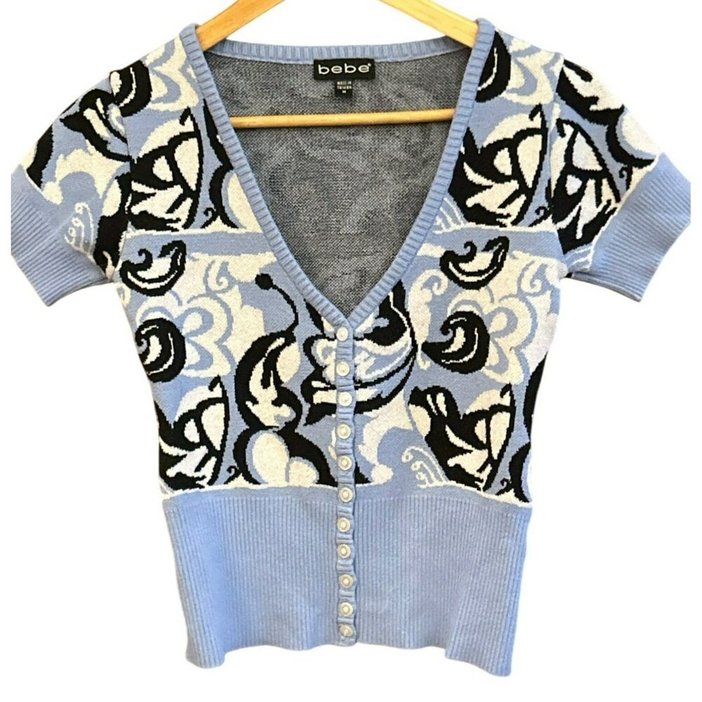 Y2K Bebe Blue Black Floral Knit Button-Front V-Neck Short-Sleeve Top Size M